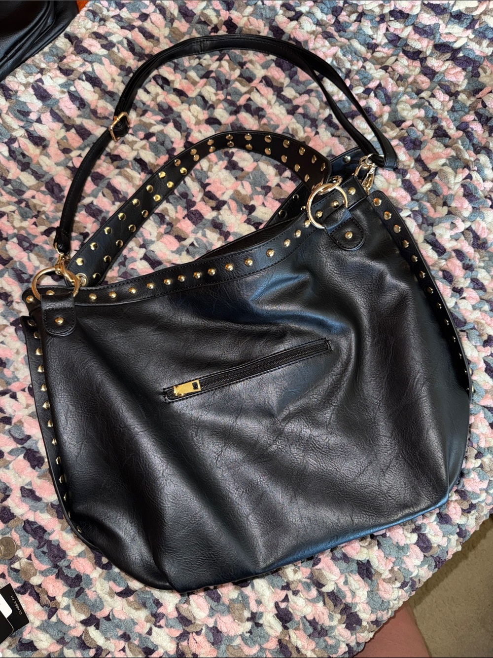 American Flag Print Black Hobo Bag with Studded Trim - Picture 4 of 4